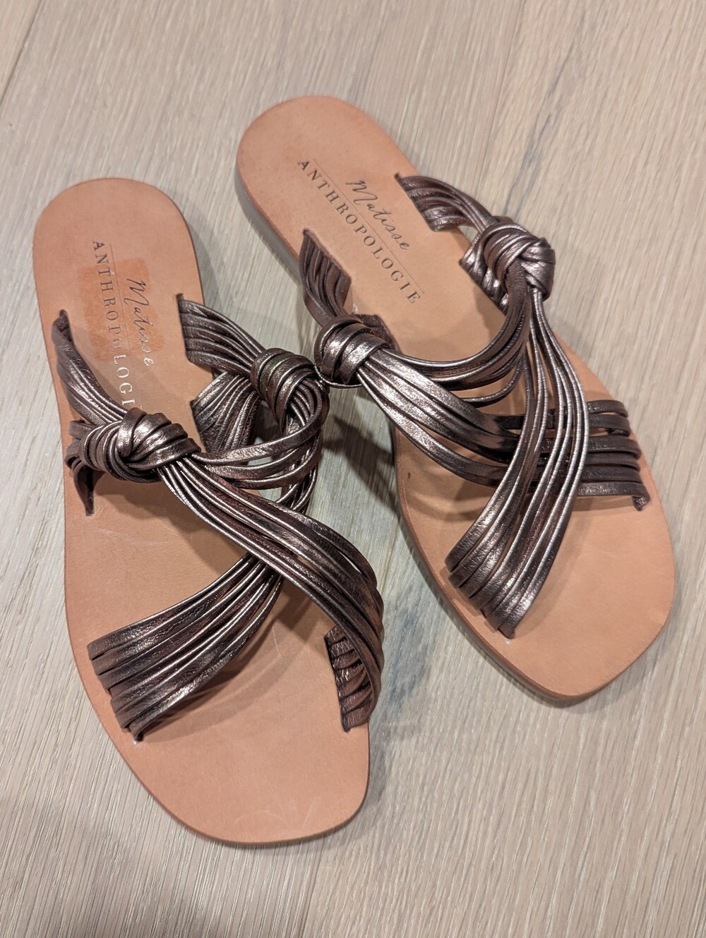 Anthropologie Metallic Bronze Knotted Slide Sandals